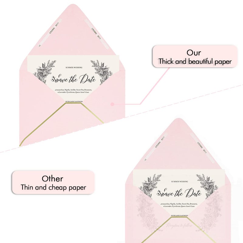 AZAZA A7 Pink Envelopes 50 Pack 5 x 7 - V flap, Quick Self Seal, With Gold Border, For 5x7 Cards| Perfect for Weddings, Invitations, Photos, Graduation, Baby Shower|Thick Luxury Paper (Pink-golden border) - Image 4